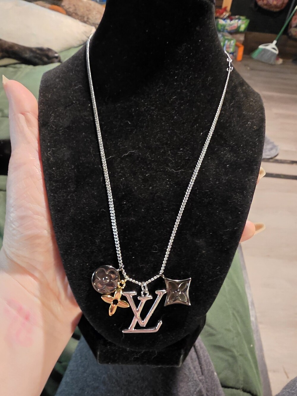 USED...UPCYCLED LV Silver Charm Necklace with Mixed Charms - Silver